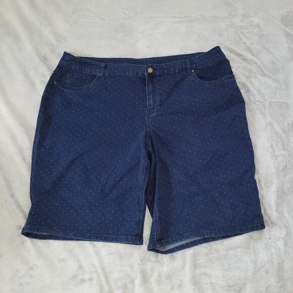 CJ Banks Womens Plus Size 24W Polka Dot Blue Denim Bermuda Shorts 12" Inseam - Picture 1 of 10